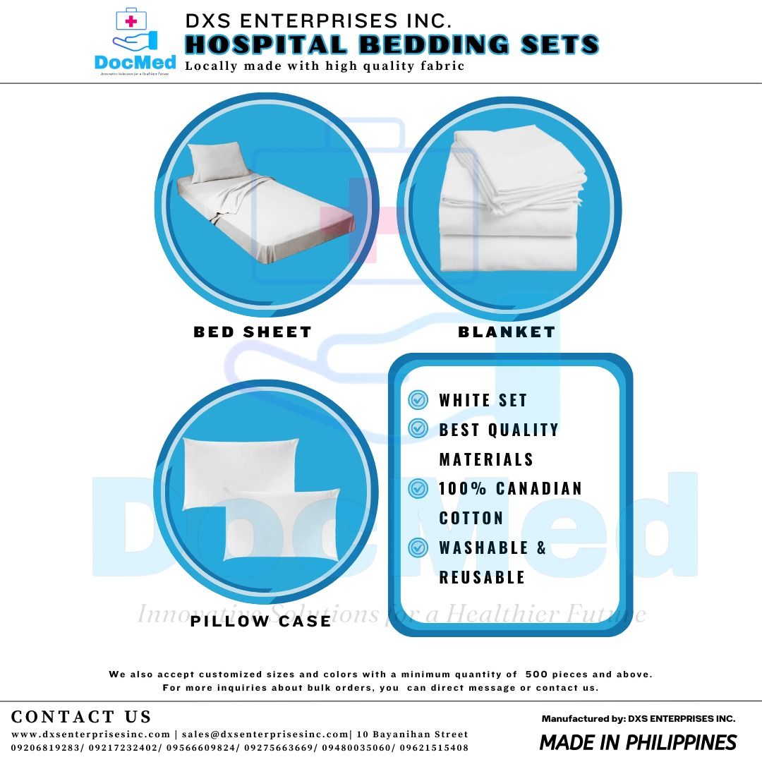 HOSPITAL BED SHEET, BLANKET AND PILLOW SET (Category: Medical Supplies & Tools) located in Quezon City. Submitted by andrea_dxs (Listing ID 1387781268, Image 2). Description: HOSPITAL BED SHEET, BLANKET, AND PILLOW SET Hospital Bed sheet: 1PC76x368 inches Pillow Case: 1PC 50.8x66cm Blanket: 1PC 203x91.40cm Color: Powder blue, White Fabric: 100% Canadian Cotton WE ACCEPT RETAIL AND BULK ORDERS!! WE SHIP NATIONWIDE!!.