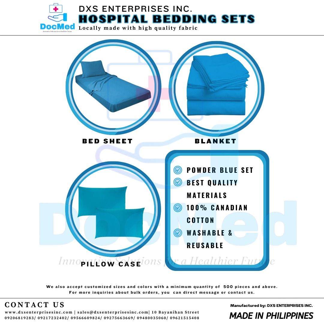 HOSPITAL BED SHEET, BLANKET AND PILLOW SET (Category: Medical Supplies & Tools) located in Quezon City. Submitted by andrea_dxs (Listing ID 1387781268, Image 1). Description: HOSPITAL BED SHEET, BLANKET, AND PILLOW SET Hospital Bed sheet: 1PC76x368 inches Pillow Case: 1PC 50.8x66cm Blanket: 1PC 203x91.40cm Color: Powder blue, White Fabric: 100% Canadian Cotton WE ACCEPT RETAIL AND BULK ORDERS!! WE SHIP NATIONWIDE!!.