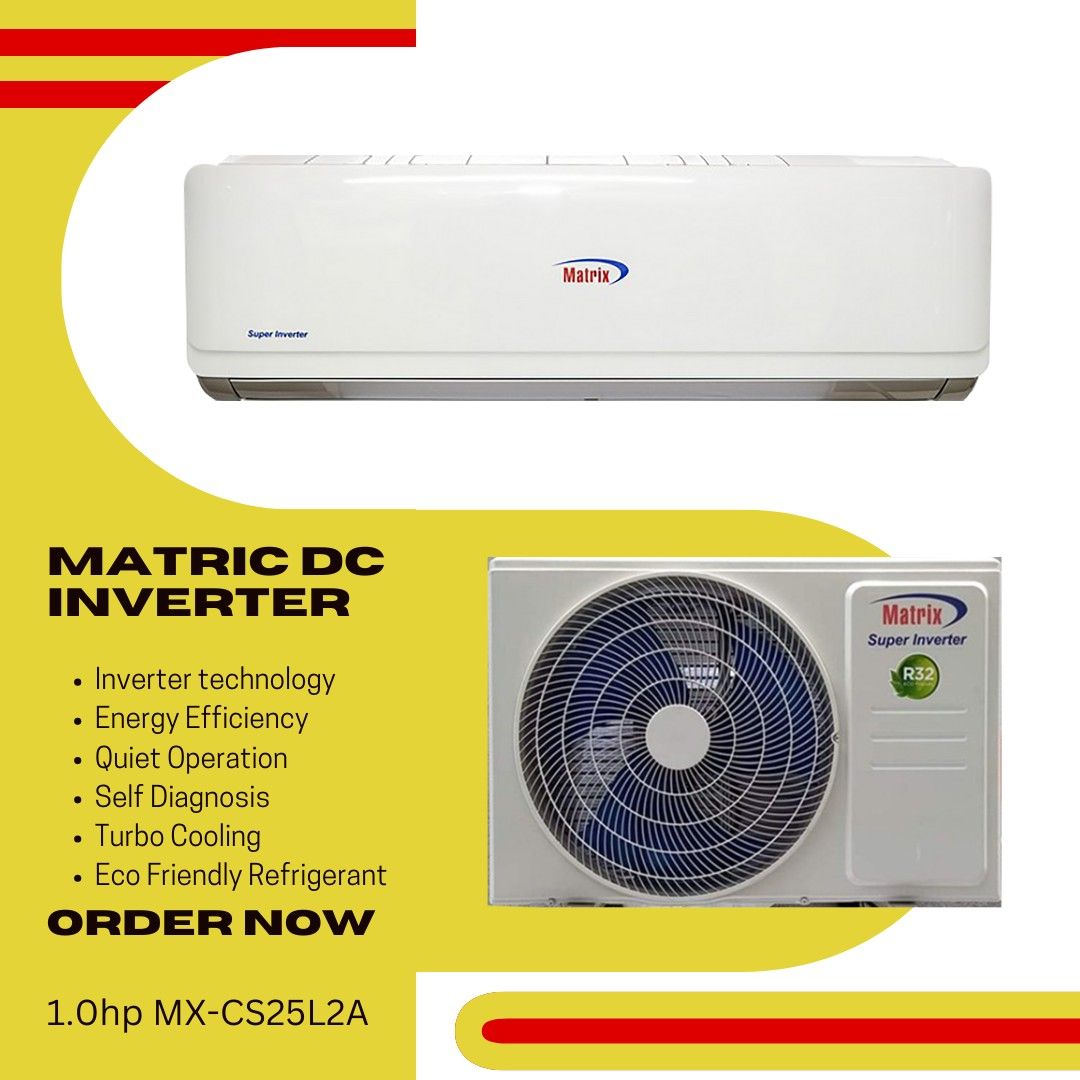 Matrix DC Inverter Split Type Aircon - 1.0HP Brand New (Category: Air Conditioning and Heating) located in Quezon City. Submitted by jhenjhenag71834 (Listing ID 1387767518, Image 1). Description: The "Matrix 1HP T series" likely refers to the Matrix T-Series 1HP Inverter Split-Type Air Conditioner, a budget-friendly and energy-efficient cooling solution. It is known for its stylish design Key features and information: Type: Split-type air conditi