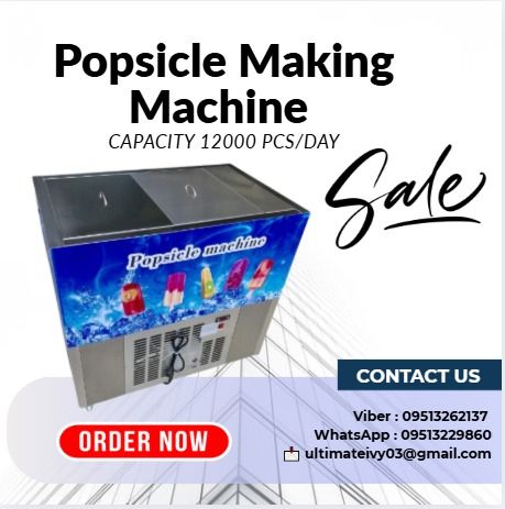 Popsicle Making Machine Model: GS-4 Popsicle Machine Capacity 12000 Pcs/day (Category: Ice-cream Makers) located in Caloocan City. Submitted by jayvanntag48794 (Listing ID 1387836991, Image 1). Description: Voltage: 220V/50HZ Power: 1.65kw Dimension: 1080*670*1045mm Capacity 12000 Pcs/day Refrigerant: R22 Weight: 130kg Operation step for reference: 1, Adjust the machine in right situtation. 2, Fill the Salty water into the machine (Salty water is