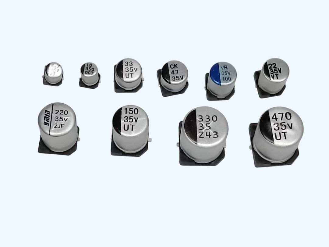 SMD CHIP ALUMINUM CAPACITORS 35V, 1-PC per ORDER (Category: Electrical, Adaptors & Sockets) located in Quezon City. Submitted by besteinpc (Listing ID 1387907257, Image 2). Description: SMD CHIP ALUMINUM CAPACITORS 35V, 1-PC per ORDER VARIATION: 👉a. 4.7UF 👉b. 10UF 👉c. 22UF 👉d. 33UF 👉e. 47UF 👉f. 68UF 👉g. 100UF 👉h. 150UF 👉i. 220UF 👉j. 330UF 👉k. 470UF FEATURES: 👉Voltage values: 35V 👉Standard Capacitor Tolerance: +/-20% (120Hz, 20 Degree