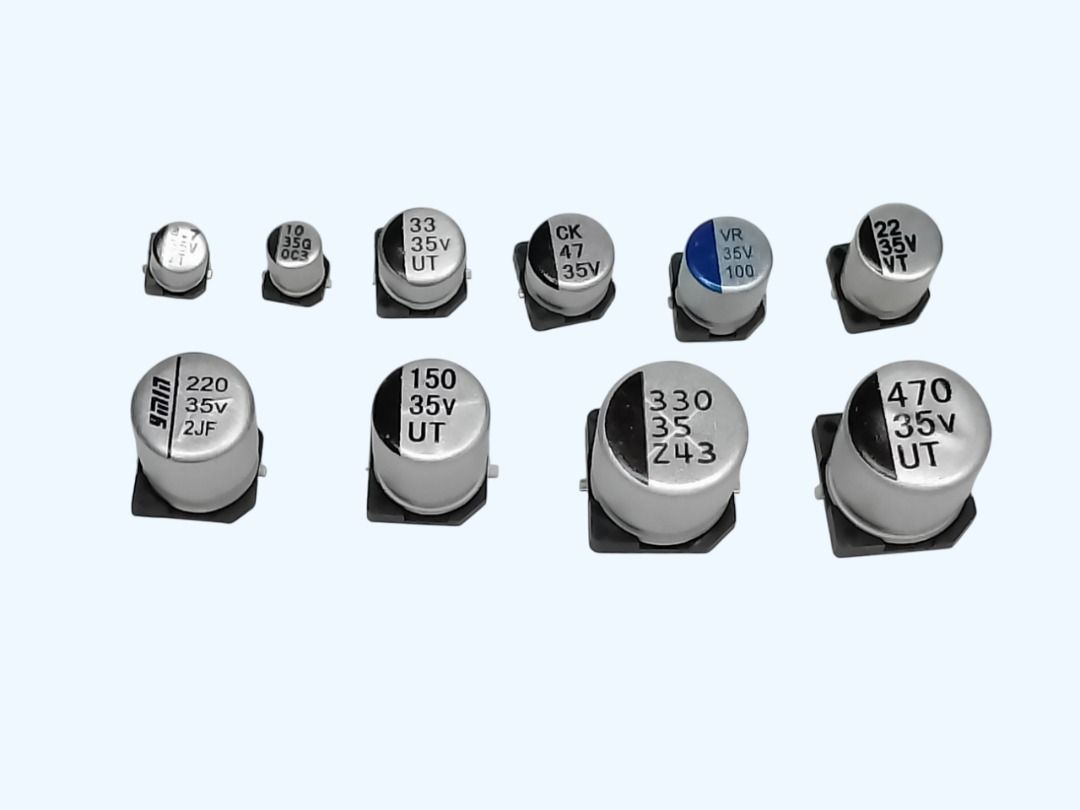 SMD CHIP ALUMINUM CAPACITORS 35V, 1-PC per ORDER (Category: Electrical, Adaptors & Sockets) located in Quezon City. Submitted by besteinpc (Listing ID 1387907257, Image 1). Description: SMD CHIP ALUMINUM CAPACITORS 35V, 1-PC per ORDER VARIATION: 👉a. 4.7UF 👉b. 10UF 👉c. 22UF 👉d. 33UF 👉e. 47UF 👉f. 68UF 👉g. 100UF 👉h. 150UF 👉i. 220UF 👉j. 330UF 👉k. 470UF FEATURES: 👉Voltage values: 35V 👉Standard Capacitor Tolerance: +/-20% (120Hz, 20 Degree