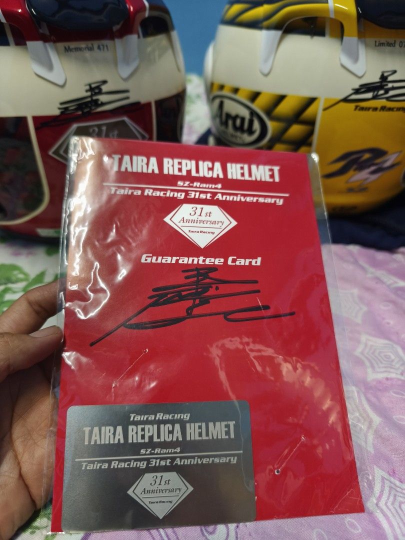 Arai Taira Replica Helmet SZ-Ram4 31st Anniversary (Category: Motorcycle Apparel) located in Singapore. Submitted by pakmat1212 (Listing ID 1387869757, Image 1). Description: - Authentic Taira Replica Helmet SZ-Ram4 - 31st Anniversary edition - Includes guarantee card - Collector's item for racing enthusiasts - L size.
