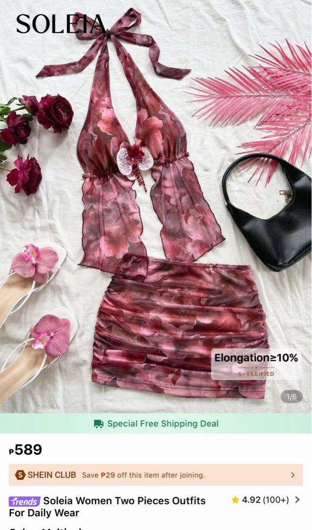 Two Piece Beach Floral Outfit (Category: Sets or Coordinates) located in Pasig City. Submitted by declutterisreal (Listing ID 1387887698, Image 2). Description: SAME DAY DEL Selling price - 400 (USED ONCE) Size Small but can fit to Medium Bought from shein Orig price 589 Can do lalamove/j&t Mop - gcash/bank transfer only Dm for more pics .