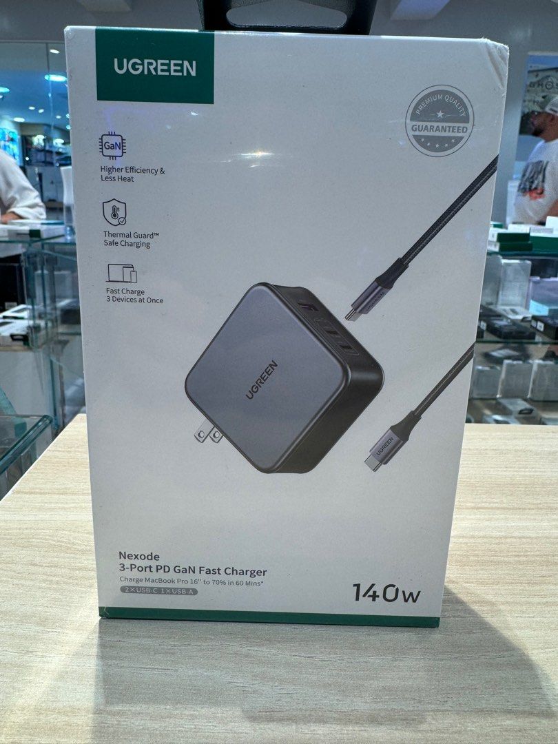 Ugreen Nexode 140W Charger with Type C to Type C Fast Charging Cable (Category: Chargers & Cables) located in Makati City. Submitted by jc.cuerdo (Listing ID 1387923477, Image 1). Description: Description Nexode 3-Port GaN PD 3.1 Laptop Charger with 5ft USB C to C Cable Compatible with iPhones, Laptops, Tablets, Smartphone, and Smartwatches Input & Output Input:100-240V~50/60HZ 2A Max USB-C1 Output: 5V = 3A 9V = 3A 12V = 3A 15V = 3A 20V = 5A 28V 
