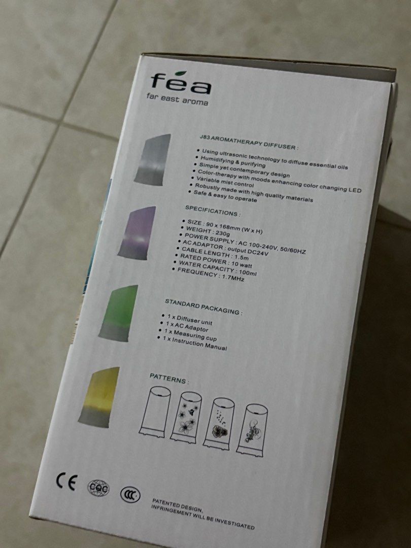 Aromatherapy Diffuser (Category: Home Fragrance) located in Singapore. Submitted by cupof50sugar (Listing ID 1388032422, Image 2). Description: - Brand new Fea Far East Aroma J83 Diffuser - Uses ultrasonic technology - Color-therapy with multiple LED colors - Includes: Diffuser, AC adapter, measuring cup, and manual - Creates a relaxing atmosphere GOT IT AT $30 SELLING IT FOR HALF PRICE.