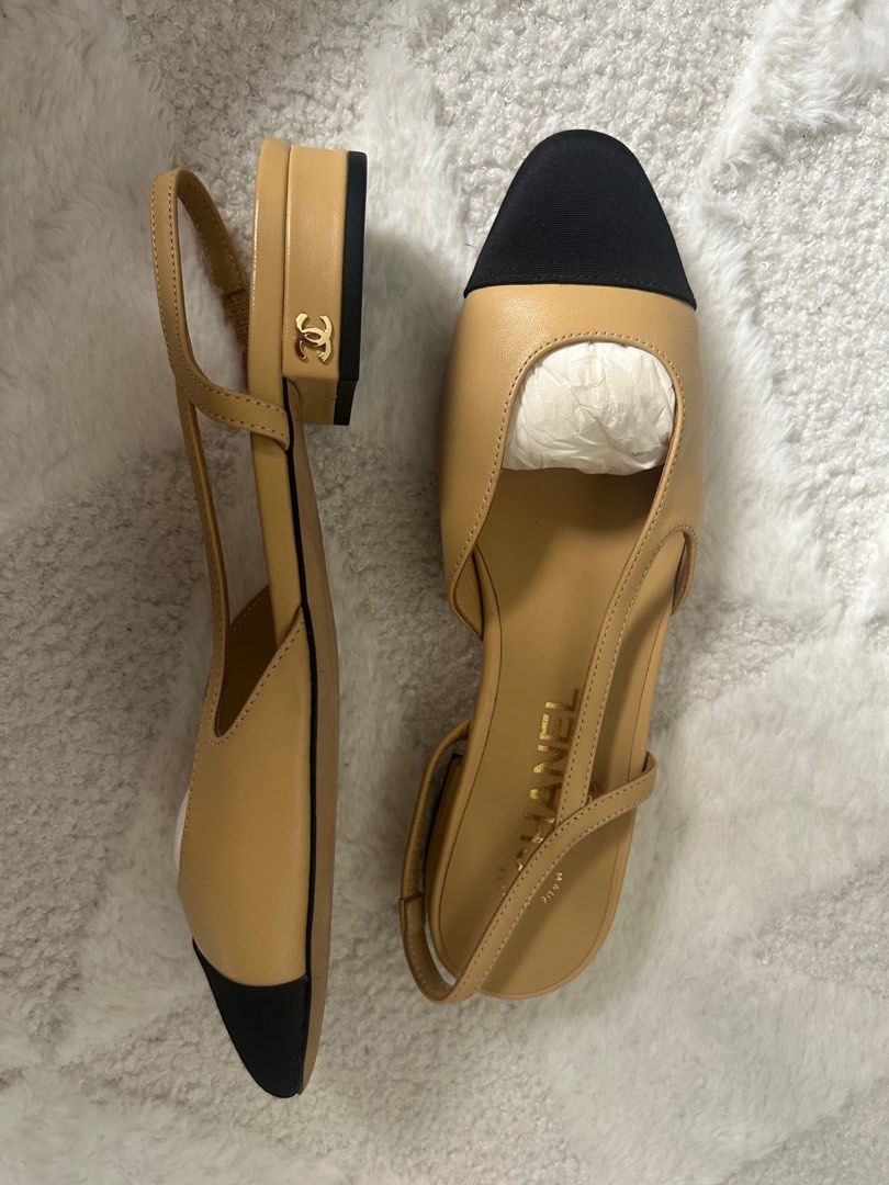 CLEARANCE: Chanel Slingback Flats 36.5 (Category: Flats & Sandals) located in Manila. Submitted by luxurybrandsonly (Listing ID 1388017639, Image 2). Description: With dustbags Ribbon, card Camelia.