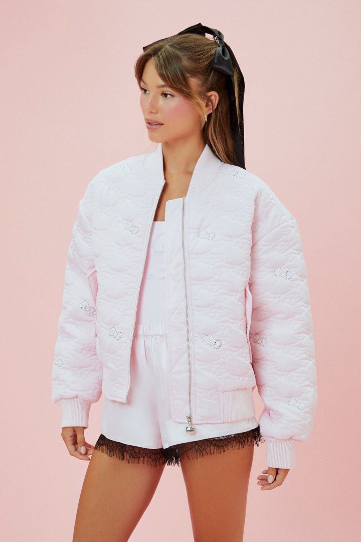 FOREVER 21 HELLO KITTY RHINESTONE BOMBER JACKET (Category: Coats, Jackets and Outerwear) located in Makati City. Submitted by avenue.de.belle (Listing ID 1387938536, Image 2). Description: FOREVER 21 x HELLO KITTY RHINESTONE BOMBER JACKET Brand New with tags Forever 21 x Hello Kitty Rhinestone Bows Pink Quilted Bomber Jacket (Medium). Details From our Hello Kitty x Forever 21 collection, this woven bomber jacket features an allover Hello Kitty qu