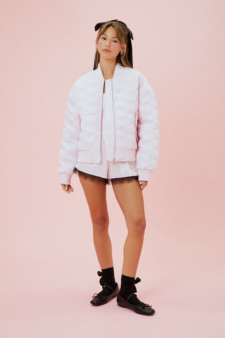 FOREVER 21 HELLO KITTY RHINESTONE BOMBER JACKET (Category: Coats, Jackets and Outerwear) located in Makati City. Submitted by avenue.de.belle (Listing ID 1387938536, Image 3). Description: FOREVER 21 x HELLO KITTY RHINESTONE BOMBER JACKET Brand New with tags Forever 21 x Hello Kitty Rhinestone Bows Pink Quilted Bomber Jacket (Medium). Details From our Hello Kitty x Forever 21 collection, this woven bomber jacket features an allover Hello Kitty qu