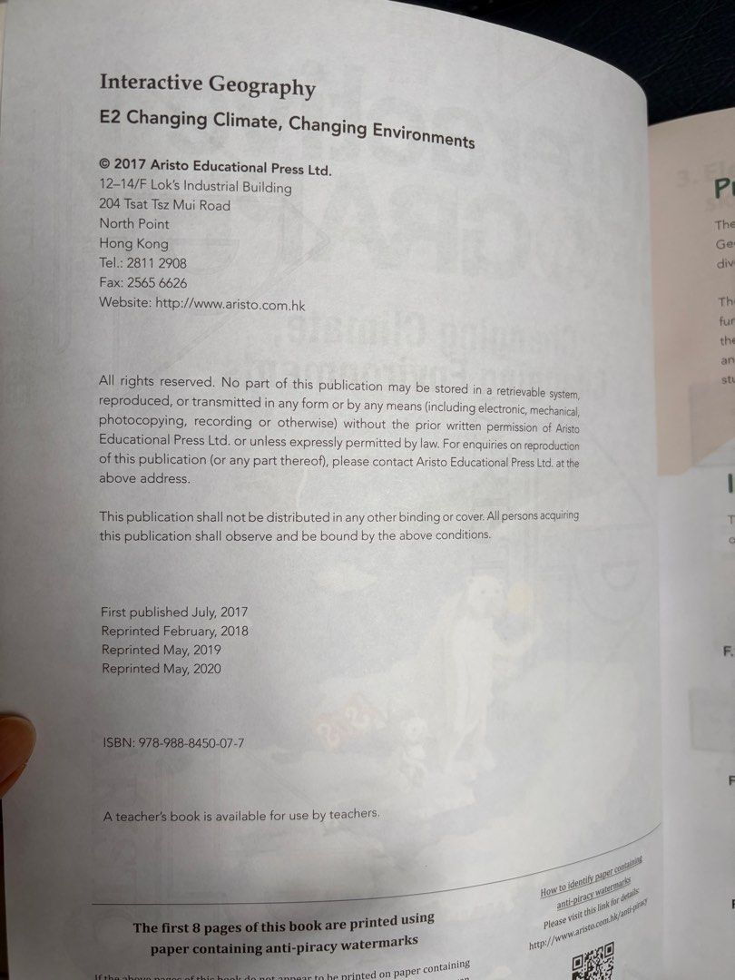 Interactive Geography E2 （分類：教科書）位於 Hong Kong。 由 jn_nn 提交（商品編號 1387988756，圖片 2）。簡介： 買多咗本。以為唔見咗又搵返 這是一本Interactive Geography E2課本，主題為「Changing Climate, Changing Environments」。由Chau Yuk Lin, Mak Ka Bun, Siu Wai Lok, Tse Sui Fai編寫。出版年份為2017年7月，並於2018年2月、2019年5月和2020年5月重印。ISBN: 978-988-8450-07-7。。
