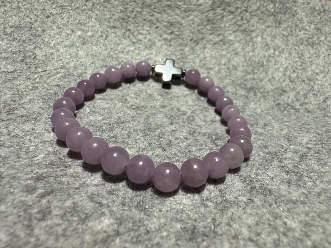 Lepidolite bracelet (Category: Bracelets) located in Cainta. Submitted by annebc (Listing ID 1388104006, Image 1). Description: Lepidolite with hematite cross. 6mm, 16cm wrist size.