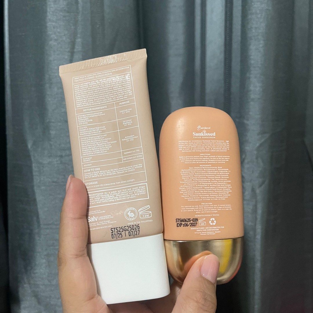 SALV BAREFACED SUNSCREEN BUNDLE (Category: Face Care) located in Valenzuela. Submitted by cjdecluttersss (Listing ID 1388084037, Image 2). Description: Salv Zinc PCA + K19 - Azeloyl Diglycinate Galactomyces 3 In 1 Tinted Hybrid Sunscreen SPF 50+ Pa++++ BAREFACED Sunkissed Tinted Sunscreen SPF50 UVA UVB Sun Protect Whitening Make Up Based • USED 2-3x • RFS: nor for my skintype BUY NIYO NAAA SUPER MURA NA 🥹😅.