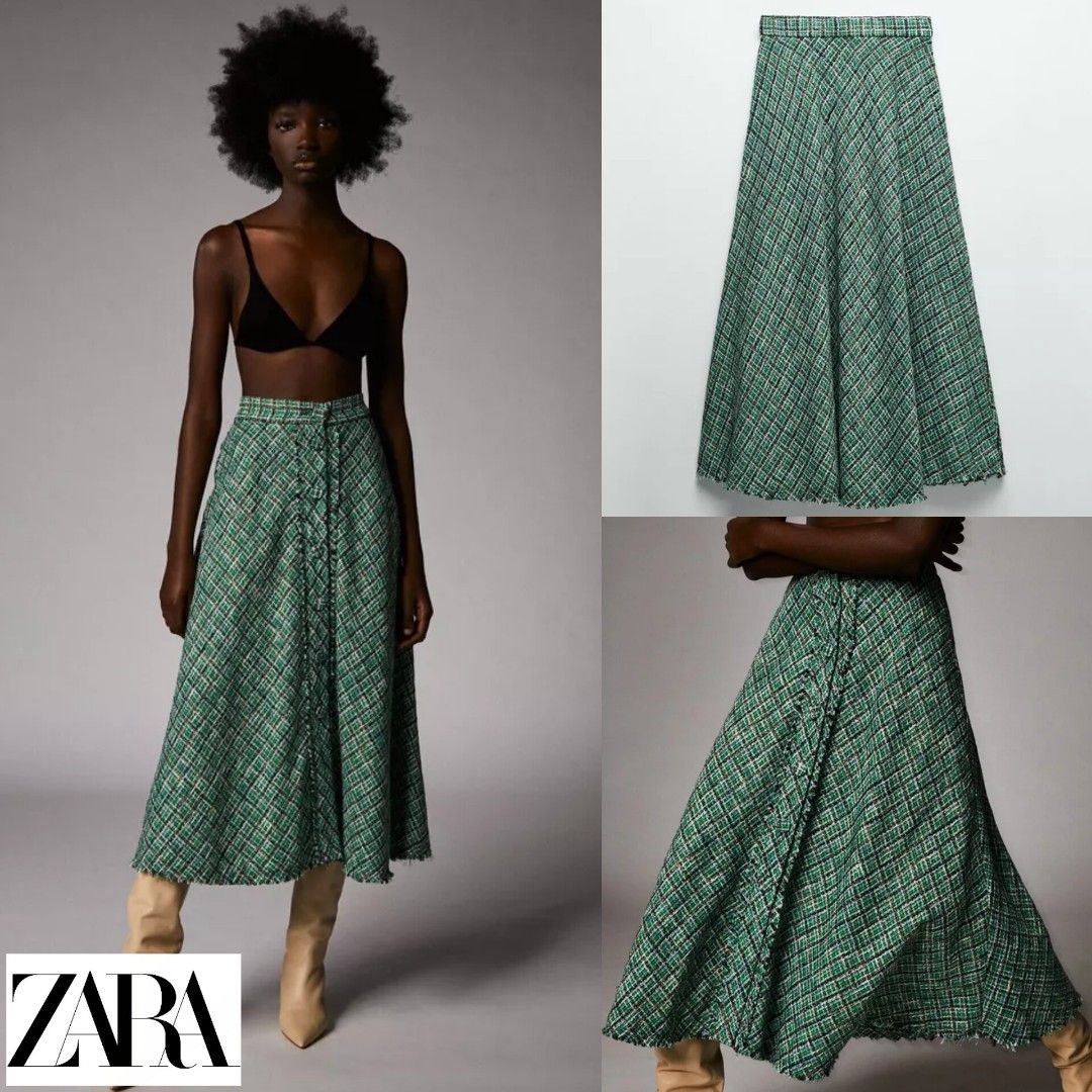 ZARA] Tweed Textured Long Skirt With Button Plaid Pattern Flare
