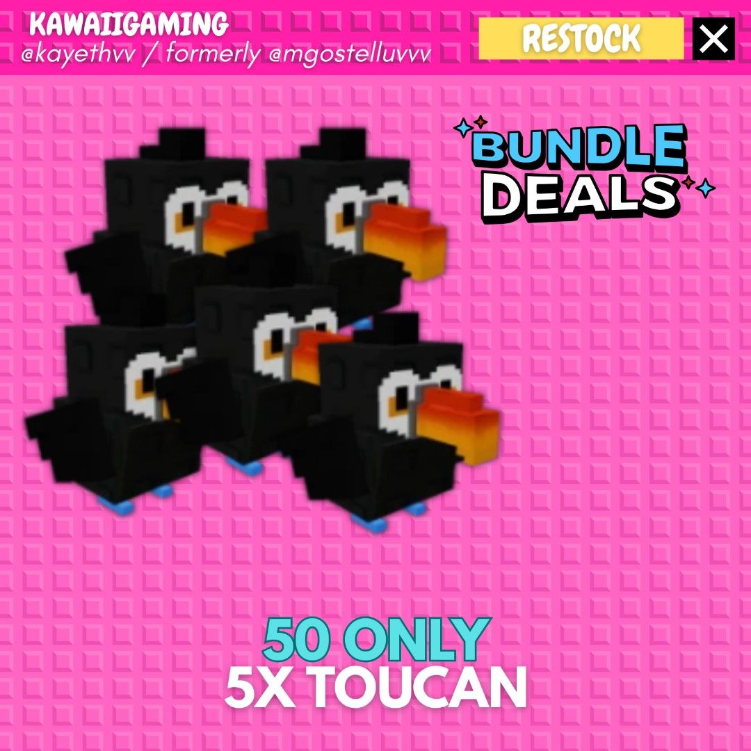 [ 5PCS BUNDLE ] TOUCAN GROW A GARDEN PET ROBLOX (Category: In-Game Products) located in Cavite. Submitted by kawaiigaming (Listing ID 1388128581, Image 1). Description: 𐙚⋆.˚ kawaiigaming .ᐟ.ᐟ selling #growagarden pet & sheckles .ᐟ ♡ Pet ability can be seen on the 2nd photo. ♡ Always check my listings for more items. ♡ All pets available, some are pre-order and some are onhand— feel free to dm me what you need. ♡ Strictly not going first. X: mgos