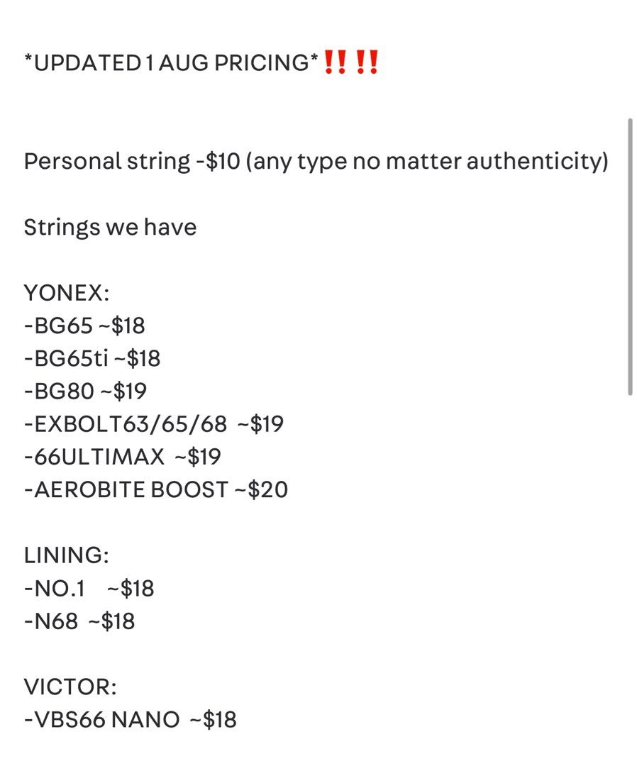 Badminton Stringing (Category: Racket & Ball Sports) located in Singapore. Submitted by guccied (Listing ID 1364922622, Image 1). Description: STRINGING SERVICES IN SENGKANG😎 📍 DROP OFF/COLLECTION POINT - SENGKANG MRT - my blk will provide deets when cfm *UPDATED 1 AUG PRICING*‼️‼️ *Restring with us 3 rackets will -$1 for every racket thereafter with our strings (referred also can!) *inclusive of string and restringing Personal string -$10 (any