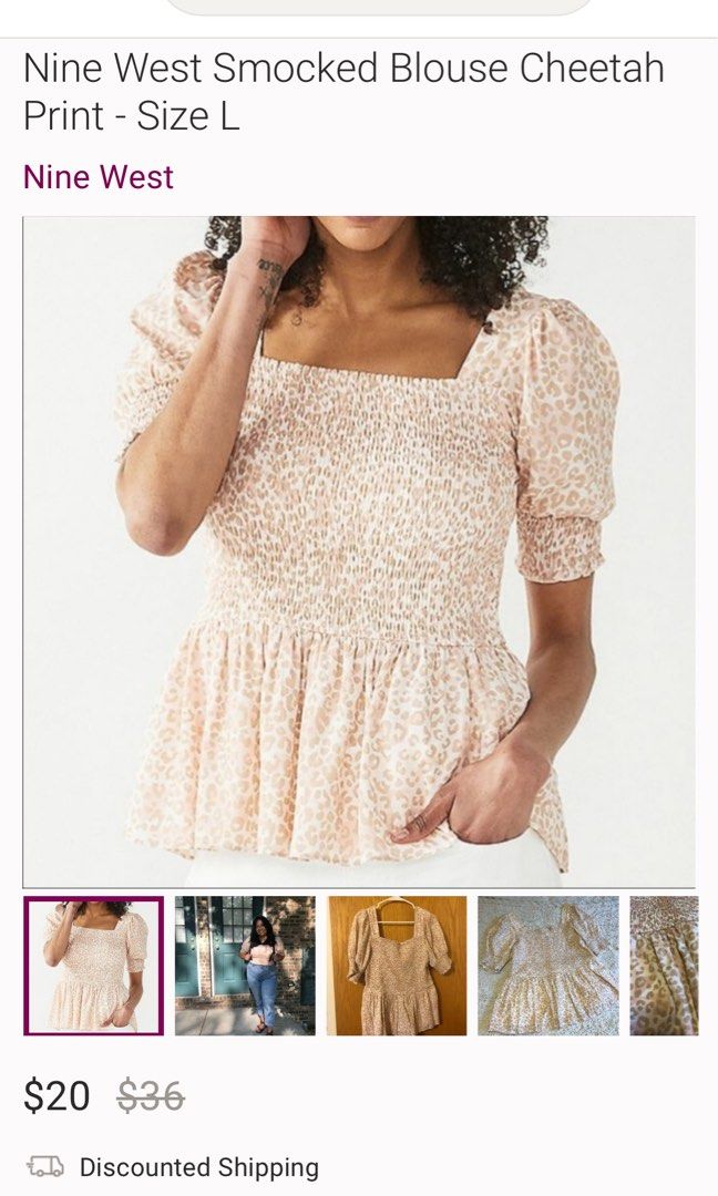 Nine West Smocked Blouse Cheetah Print (Category: Blouses) located in Manila. Submitted by krischannm (Listing ID 1388196113, Image 3). Description: Nine West Smocked Blouse Cheetah Print 💗Medium 💗26 Stretchable to 34 inches 💗Length 17 inches.