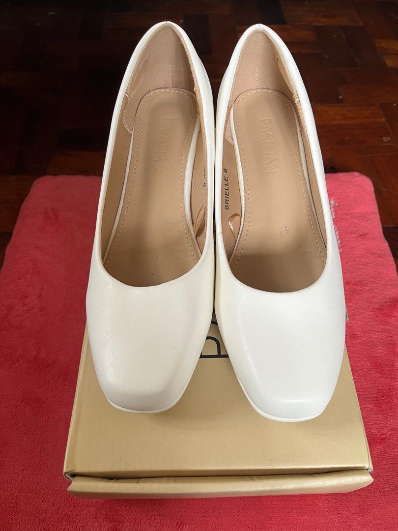 PARISIAN BRIELLE WHITE SHOES SIZE 8 (Category: Heels) located in Marikina City. Submitted by melaspreloved (Listing ID 1388182324, Image 2). Description: PARISIAN BRIELLE SHOES 👠 Size 8 (24.5cm, Euro 38 sa box) 2x lang nagamit during board exam Good as new, may basbas na rin ✨🙌🏻😂 Perfect sa duty, capping&pinning, or gala unif SALE PRICE: ₱600 nalang po Complete with box and tag RFS: Size 7 talaga me, naubusan ako ng size kaya napilitan mag si