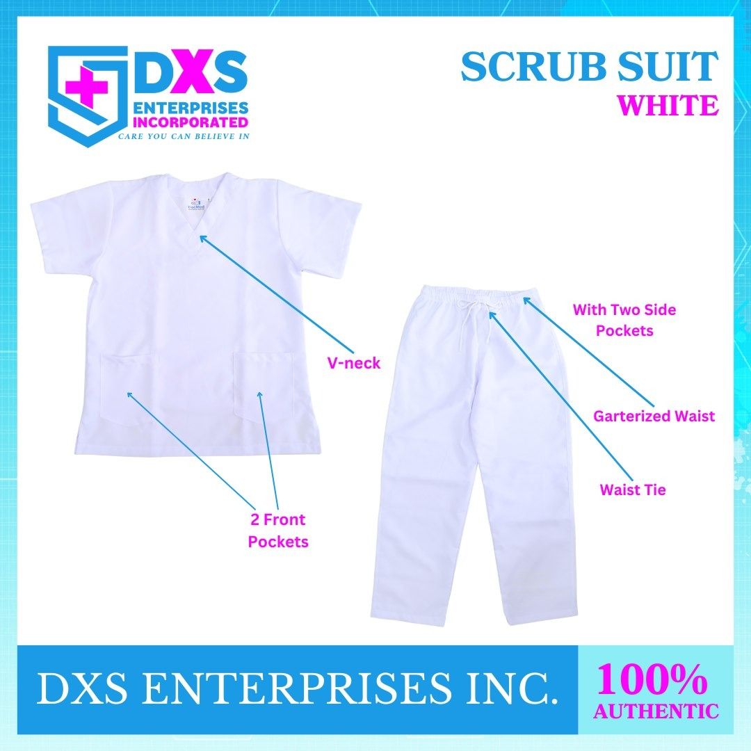 REUSABLE HOSPITAL SCRUB SUIT (Category: Medical Supplies & Tools) located in Quezon City. Submitted by andrea_dxs (Listing ID 1388160163, Image 3). Description: REUSABLE HOSPITAL SCRUB SUIT Size: S, M, L, XL, 2XL, 3XL Fabric: KATRINA Color: White Premium Quality Locally Made by DocMed Anti wrinkle Autoclavable Short sleeve with two pocket , and oneback pocket V-neck style Individually packed TOP, PANTS, HEAD CAP, AND MASK.