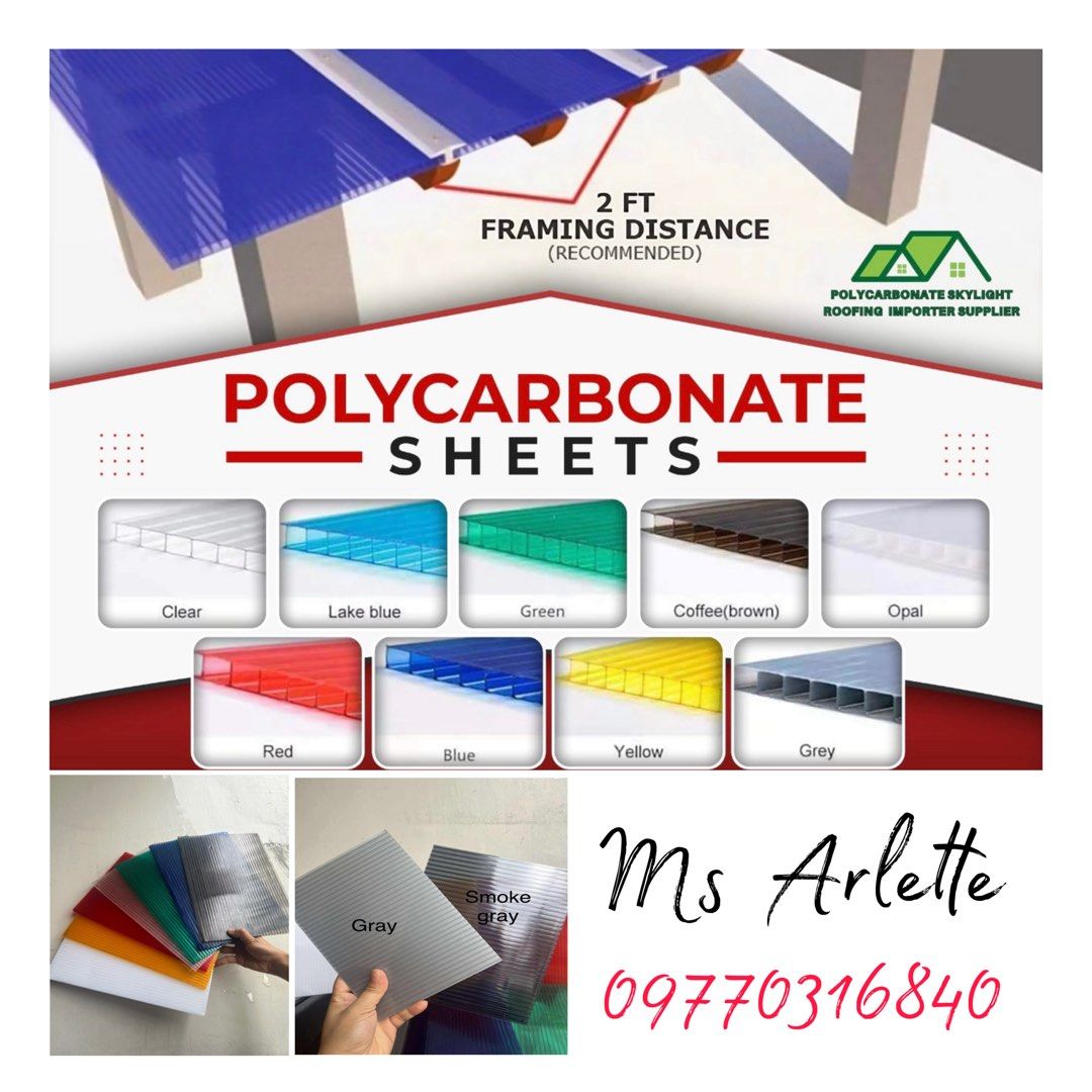 Twin-wall / Hollow sheet polycarbonate Skylight Roofing (Category: Construction & Building Materials) located in Manila. Submitted by arletteroble (Listing ID 1388254708, Image 1). Description: Onhand item Twinwall hollow sheet polycarbonate 6mm and 5.5mm thick Green, yellow, blue, bronze, white, orange, yellow, red, gray. 4ft x 8ft 4ft x 16ft 4ft x 19ft 7ft x 19ft .