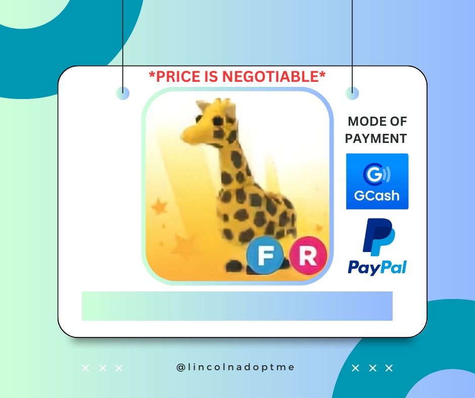 ADOPT ME | FLY RIDE FR GIRAFFE | ROBLOX (Category: In-Game Products) located in Manila. Submitted by lincolnadoptme (Listing ID 1388348889, Image 1). Description: STRICTLY PAYMENT FIRST. WILLING TO MEET IN GAME. NO RESERVATION. OPEN FOR PRE-ORDERS MODE OF PAYMENT: GCASH/BANK TRANSFER/PAYPAL .