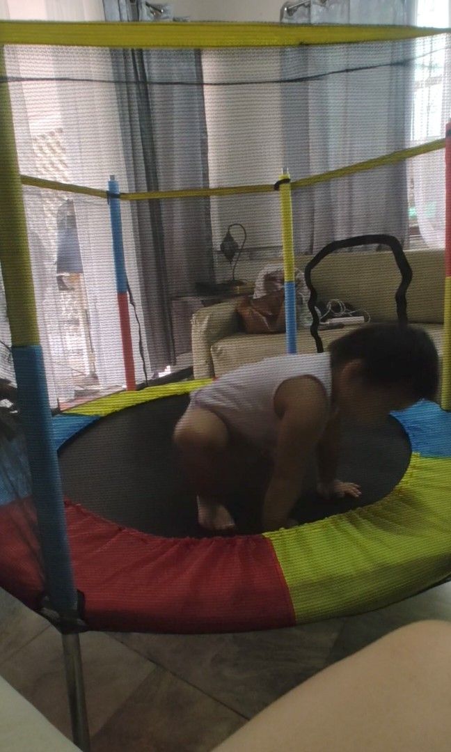 Baby Trampoline (Category: Infant Playtime) located in Mandaluyong City. Submitted by declutter_dolly (Listing ID 1388412074, Image 2). Description: Beige Trampoline for Kids with Safety Enclosure 140/120x160CM Luxury Indoor/Outdoor Bouncer with 55 Round Net 300kg Capacity RFS: One of the legs got broken (as shown in thw picture) and we dont have time to weld it so we will just let it go. Besides the trampoline is too big for our living room. We 