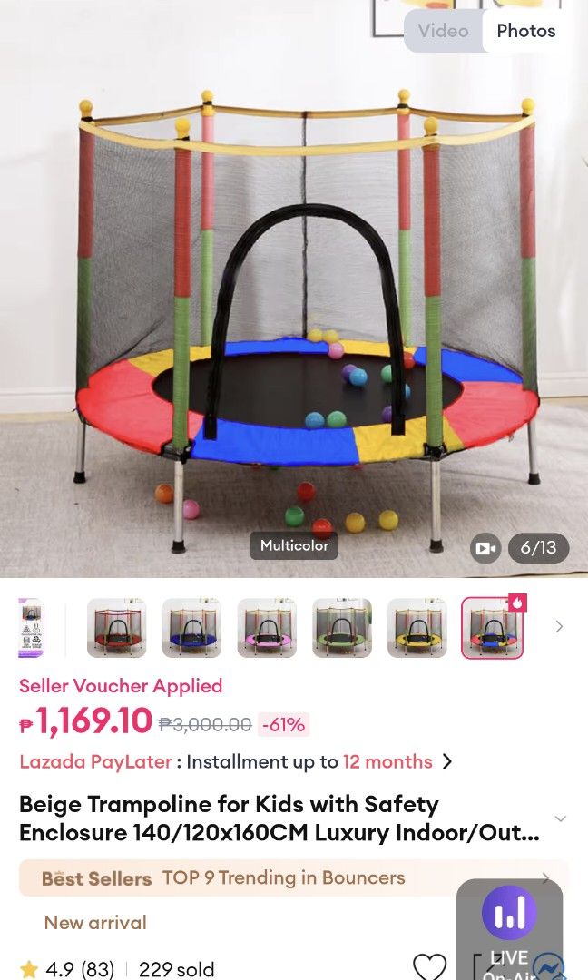 Baby Trampoline (Category: Infant Playtime) located in Mandaluyong City. Submitted by declutter_dolly (Listing ID 1388412074, Image 1). Description: Beige Trampoline for Kids with Safety Enclosure 140/120x160CM Luxury Indoor/Outdoor Bouncer with 55 Round Net 300kg Capacity RFS: One of the legs got broken (as shown in thw picture) and we dont have time to weld it so we will just let it go. Besides the trampoline is too big for our living room. We 