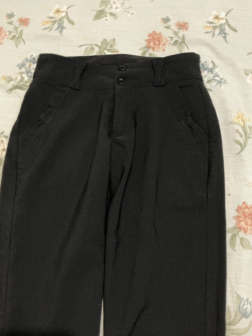 Black slacks / black trouser (Category: Other Bottoms) located in Manila. Submitted by 888declutters (Listing ID 1388495270, Image 2). Description: Only used for internship Waist: 24-25 Length: 37.5 inches Has double buttons.