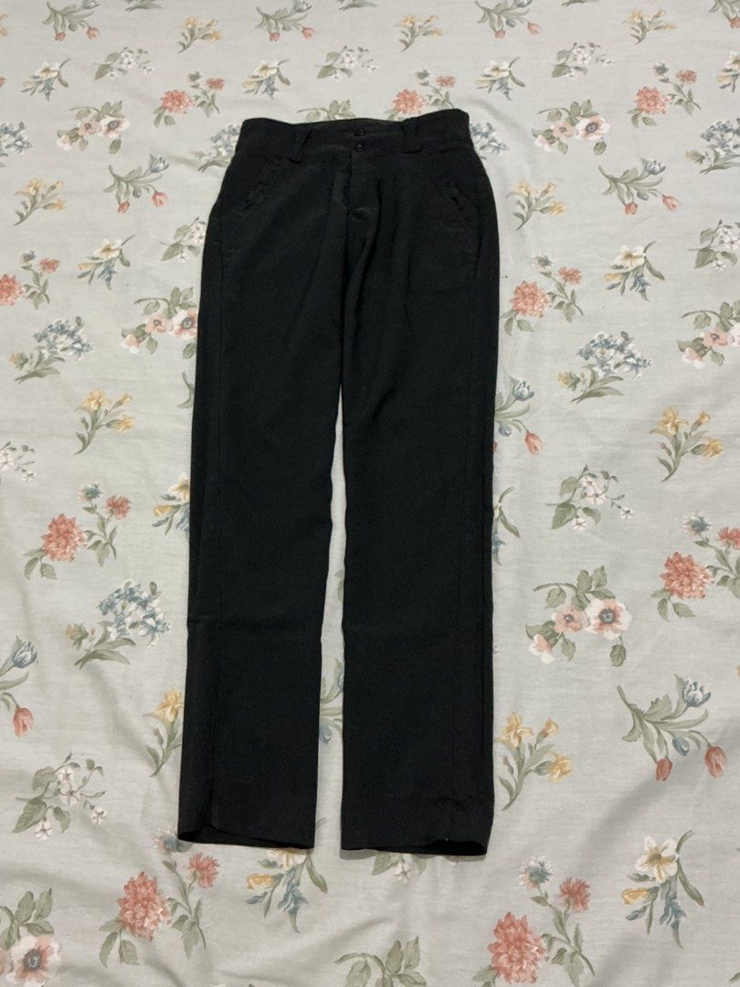 Black slacks / black trouser (Category: Other Bottoms) located in Manila. Submitted by 888declutters (Listing ID 1388495270, Image 1). Description: Only used for internship Waist: 24-25 Length: 37.5 inches Has double buttons.