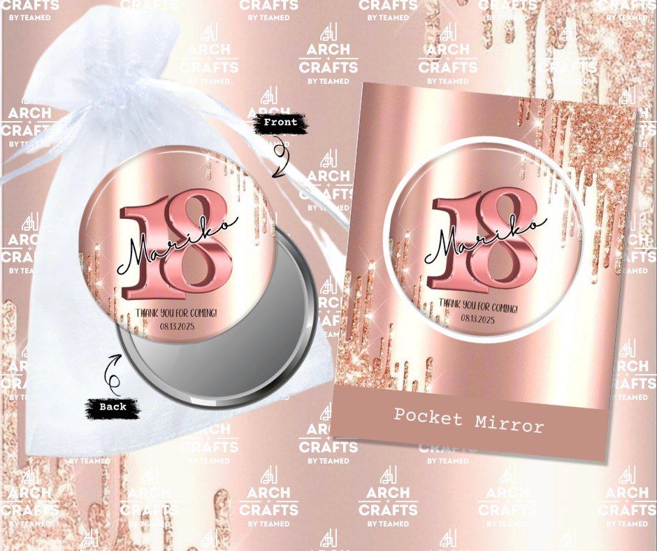 Debut souvenir - pocket mirror (Category: Makeup) located in Quezon City. Submitted by cb901 (Listing ID 1388487187, Image 2). Description: Debut souvenir available in: - pocket mirror - round bottle opener - ref magnet (round / square) “✨Compact & Chic!✨ This 58mm Circular Pocket Mirror is your go-to beauty essential—lightweight, stylish, and perfect for quick touch-ups on the go. Slip it into your purse, pocket, or makeup bag and stay flawless 