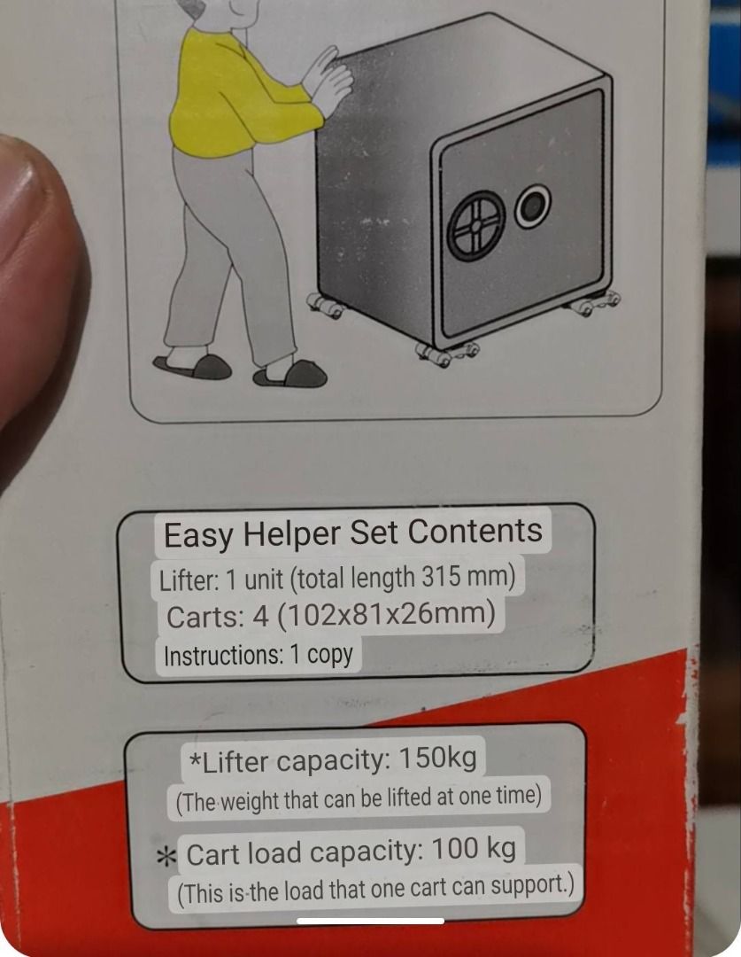 Lift and 4 Push Wheel Set Easy Helper (Category: Home Improvement Tools & Accessories) located in Cebu City. Submitted by dudes_villanueva (Listing ID 1388441151, Image 3). Description: Easy Helper Lift and 4 Push Wheel Set Brand: Taiyo Picus By Taiyo Seiko Co. Ltd. - Japan 📌Wheels can carry up to 300 Kg 📌Lift Capacity up to 150 Kg 📌Versatile wheels can accomodate any object size. 📌Brand New with box Lifter Length: 12.4 inch Cart 4x: L4xW3.20