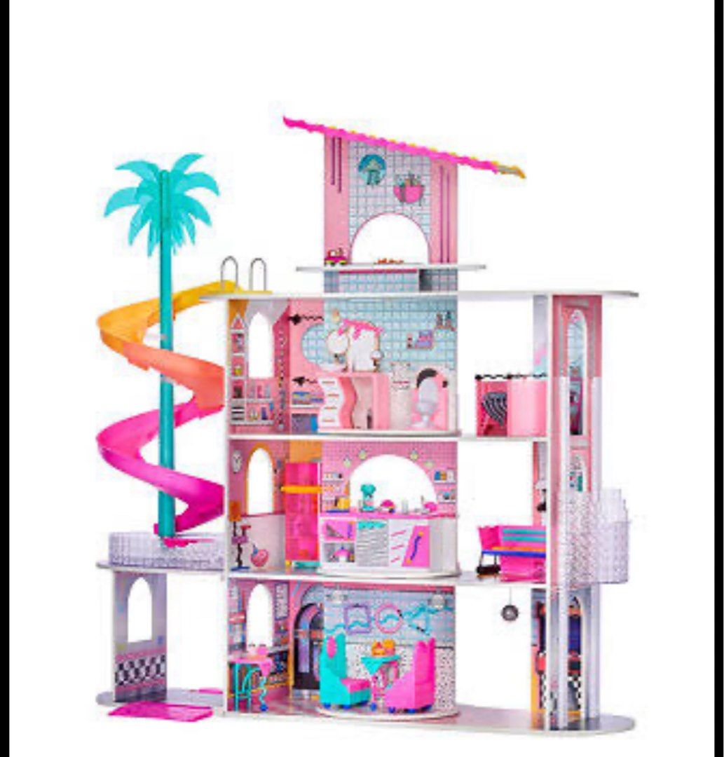 LOL Surprise OMG House (Category: Kids Toys) located in Taguig. Submitted by lalohan (Listing ID 1388310112, Image 1). Description: 81.28 x 21.59 x 67.95 cm; 500 g MADE FROM REAL SUSTAINABLE WOOD; THIS HOUSE MEASURES 122CM TALL BY 122CM WIDE FEATURING 4 STORIES AND 9 PLAY AREAS INCLUDING A LIVING ROOM; POOL; ROOFTOP PATIO; DINER; AND MORE! FULLY FURNISHED. A FULLY EQUIPPED KITCHEN CABINET; A FRIDGE STOCKED WITH TONS OF FOOD ACCESSORIES; TRANSFORM