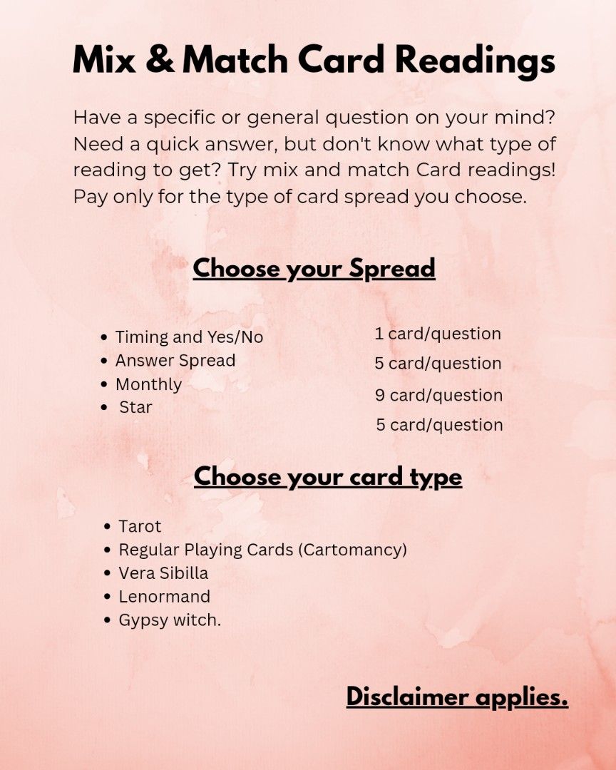Mix and Match Card Reading (Category: Raw Singles) located in Cebu City. Submitted by ehyeah_tarot (Listing ID 1388411124, Image 1). Description: Mix & match card readings choose your card spread and choose between tarot, cartomancy, Verasibilla, lenormand, or gypsy witch card decks. Questions? Message me..