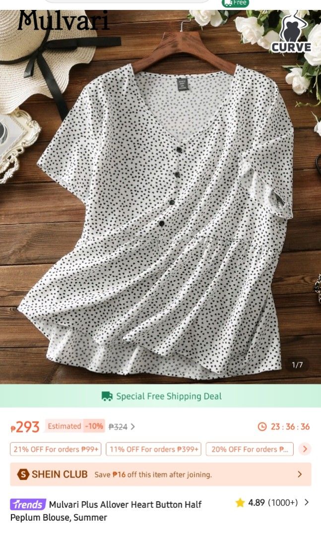 SHEIN Mulvari Plus Allover Heart Button Half Peplum Blouse (Category: Blouses) located in Quezon City. Submitted by ocon_mari (Listing ID 1388413364, Image 3). Description: .