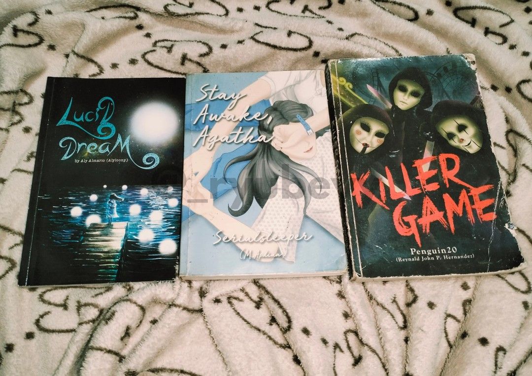 Wattpad Book Set (Category: Storybooks) located in Manila. Submitted by ryubevy (Listing ID 1388488418, Image 1). Description: — selling books as a set only, free killer game book due to it's flaws — books are in good condition especially lucid dream since just unsealed this book not a while ago — stay awake, agatha has a plastic cover and some frayed edges — can do shipping via lalamove, jnt and lbc.