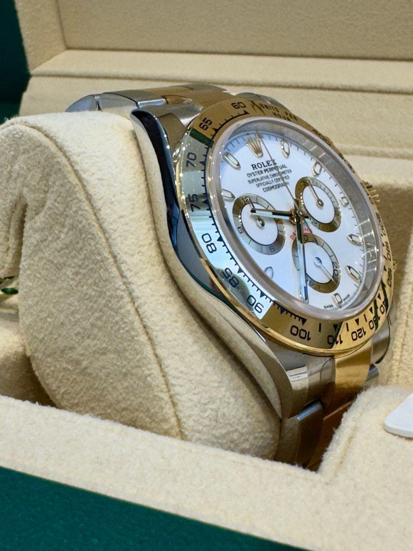 2023 Rolex Cosmograph Daytona two tone (Category: Luxury Watches) located in Del Monte. Submitted by richard.o.yu (Listing ID 1388601766, Image 3). Description: For sale: 2023 Rolex Cosmograph Daytona two tone full set. P1,399,000 negotiable. 📌 40mm. Steel case. Caramic bezel. White dial. Oyster two tone gold & steel bracelet. 📌 Reference # 116503. 📌 Complete set. 2023 purchased foreign ad. 📌 9.8/10 rating. Mint condition. Some stickers still