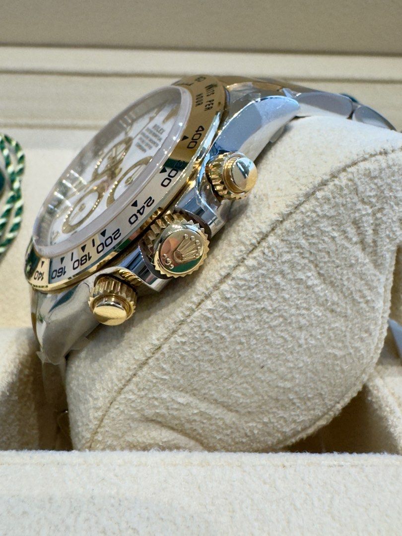 2023 Rolex Cosmograph Daytona two tone (Category: Luxury Watches) located in Del Monte. Submitted by richard.o.yu (Listing ID 1388601766, Image 2). Description: For sale: 2023 Rolex Cosmograph Daytona two tone full set. P1,399,000 negotiable. 📌 40mm. Steel case. Caramic bezel. White dial. Oyster two tone gold & steel bracelet. 📌 Reference # 116503. 📌 Complete set. 2023 purchased foreign ad. 📌 9.8/10 rating. Mint condition. Some stickers still