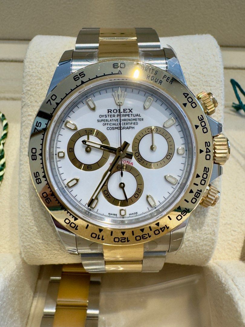 2023 Rolex Cosmograph Daytona two tone (Category: Luxury Watches) located in Del Monte. Submitted by richard.o.yu (Listing ID 1388601766, Image 1). Description: For sale: 2023 Rolex Cosmograph Daytona two tone full set. P1,399,000 negotiable. 📌 40mm. Steel case. Caramic bezel. White dial. Oyster two tone gold & steel bracelet. 📌 Reference # 116503. 📌 Complete set. 2023 purchased foreign ad. 📌 9.8/10 rating. Mint condition. Some stickers still