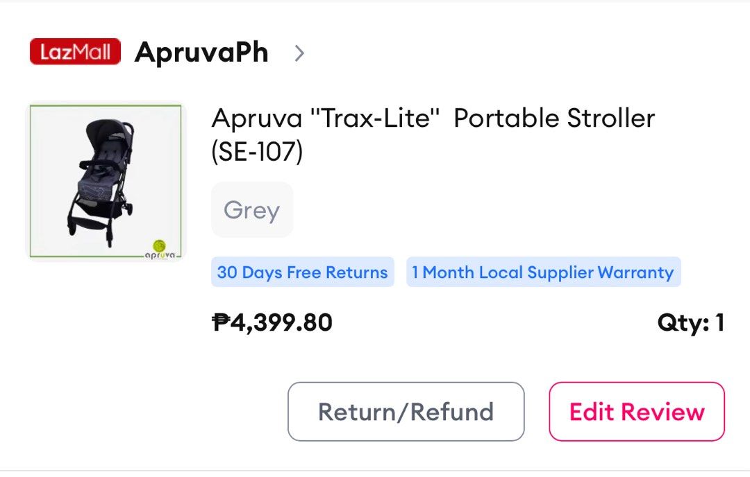Apruva Trax-lite portable stroller (Category: Strollers) located in Palo. Submitted by shophoarder22 (Listing ID 1388635486, Image 2). Description: Used only a few times - travel to Japan & Cebu. Baby doesn't like to be seated in the stroller. Light & compact. Easy to use during travel. .