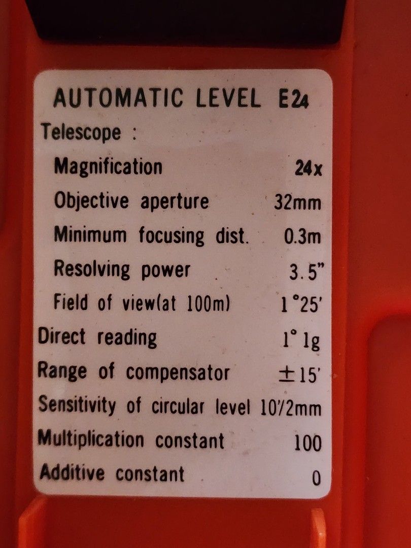 Automatic level telescope E24 (Category: Everything Else) located in Singapore. Submitted by sctp_1953 (Listing ID 1388634569, Image 1). Description: - Automatic Level Telescope - Excellent condition - Includes hard carrying case for easy transport and storage - Lightweight aluminum tripod for convenient use - High-quality construction - Refer to image for detailed specifications (magnification, field of view, etc.) - Ideal for surveying, constru