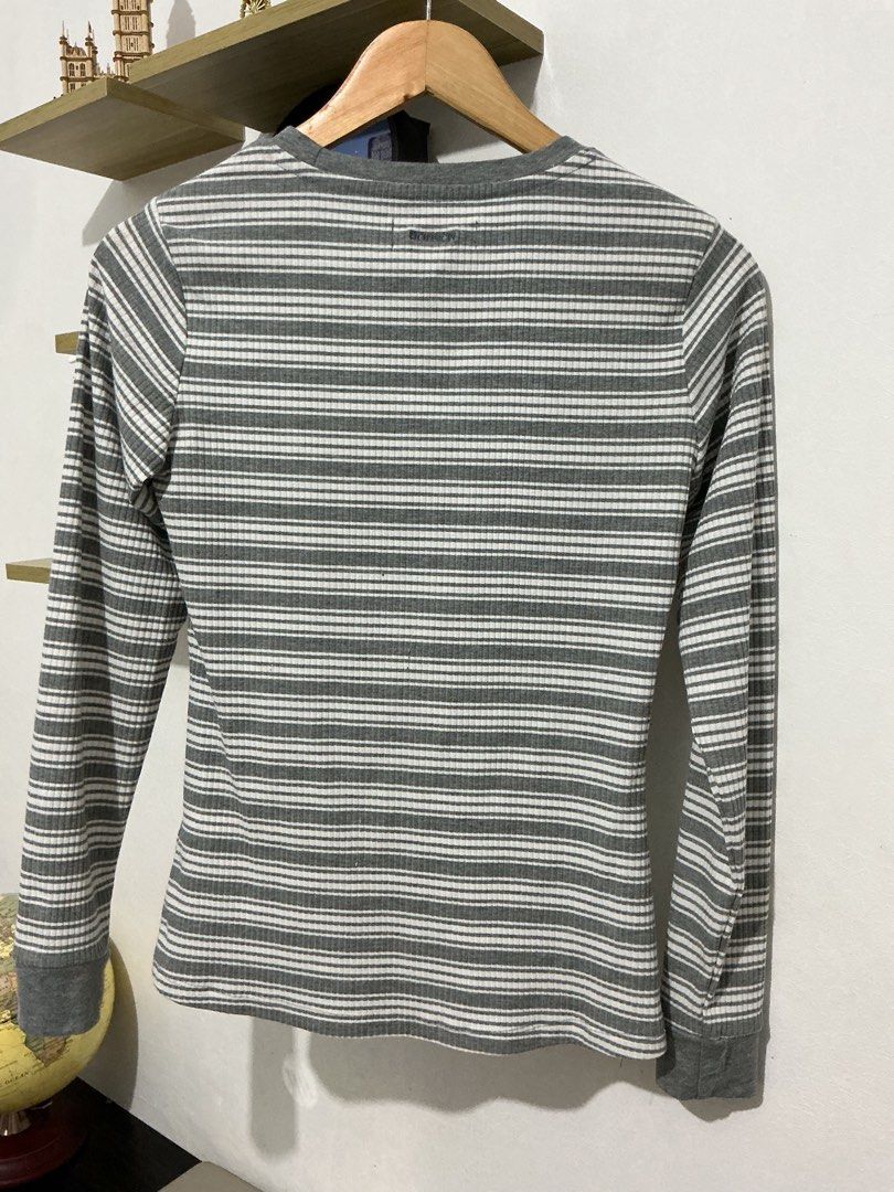 Bobson stripes gray longsleeves (Category: Longsleeves) located in Manila. Submitted by 888declutters (Listing ID 1388514676, Image 3). Description: used for a few times bought for around 1k Size S on tag but fits S to M L: 24” W:17” helping tags: Bobson striped gray longsleeves, Bobson striped grey longsleeves.