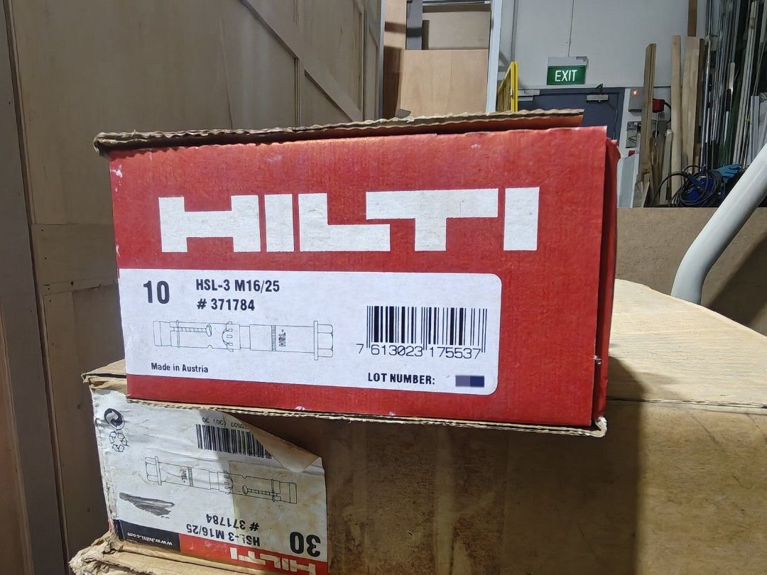 HILTI HSL-3 M16/25 Heavy-Duty Wedge Anchor Wall Plug (Category: Home Improvement Tools & Accessories) located in Singapore. Submitted by precisionhub (Listing ID 1388696016, Image 2). Description: Ultimate-performance removable heavy-duty wedge anchor with approvals for fire, seismic and cracked concrete (A4 stainless steel, hex head) Material, corrosion: Stainless steel, A4 Head configuration: Hex head Approvals / test reports: ETA, Fire, ICC-ES