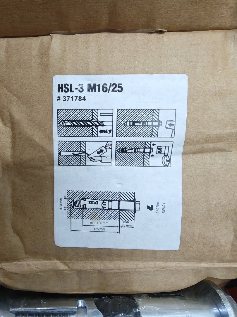 HILTI HSL-3 M16/25 Heavy-Duty Wedge Anchor Wall Plug (Category: Home Improvement Tools & Accessories) located in Singapore. Submitted by precisionhub (Listing ID 1388696016, Image 3). Description: Ultimate-performance removable heavy-duty wedge anchor with approvals for fire, seismic and cracked concrete (A4 stainless steel, hex head) Material, corrosion: Stainless steel, A4 Head configuration: Hex head Approvals / test reports: ETA, Fire, ICC-ES