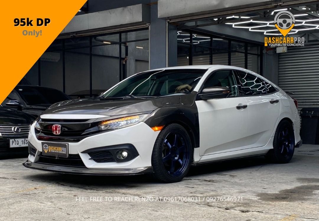 Honda Civic RS Turbo Auto (Category: Used Cars) located in Manila. Submitted by dashcarrpro (Listing ID 1388593467, Image 1). Description: ‼️400k worth of upgrades‼️ 2018 Honda Civic RS Turbo Automatic 🔸Well maintained unit 🔸Pearl white 🔸Automatic transmission 🔸Gas engine 🔸5 Seater sedan 🔸Leather seats seats 🔸Paddle shifter 🔸Carbon fiber upgrades 🔸Tein coilovers 🔸Original TE37 rims 🔸Michelin Pilot Sport tires 🔸Strut bar 🔸Full exhaust