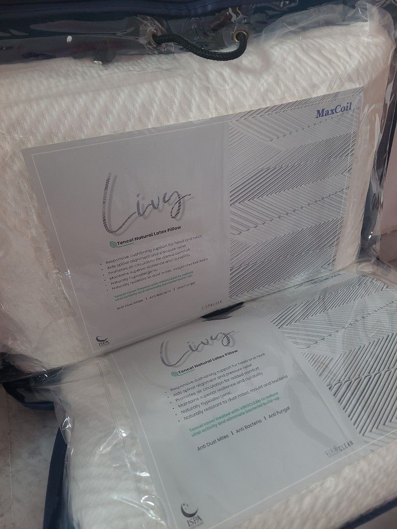 MaxCoil Tencel Livy Natural Latex Pillow (Ind prices) (Category: Bedding & Towels) located in Singapore. Submitted by shueyshu_notrades (Listing ID 1388600984, Image 1). Description: - Brand new MaxCoil Pillows - Still in original packaging - White, textured surface - Designed for a comfortable night's sleep - Feel free to ask any questions! $95 each. $180 if you buy both. No nego! :) Meet up at my void deck in Aljunied Area..
