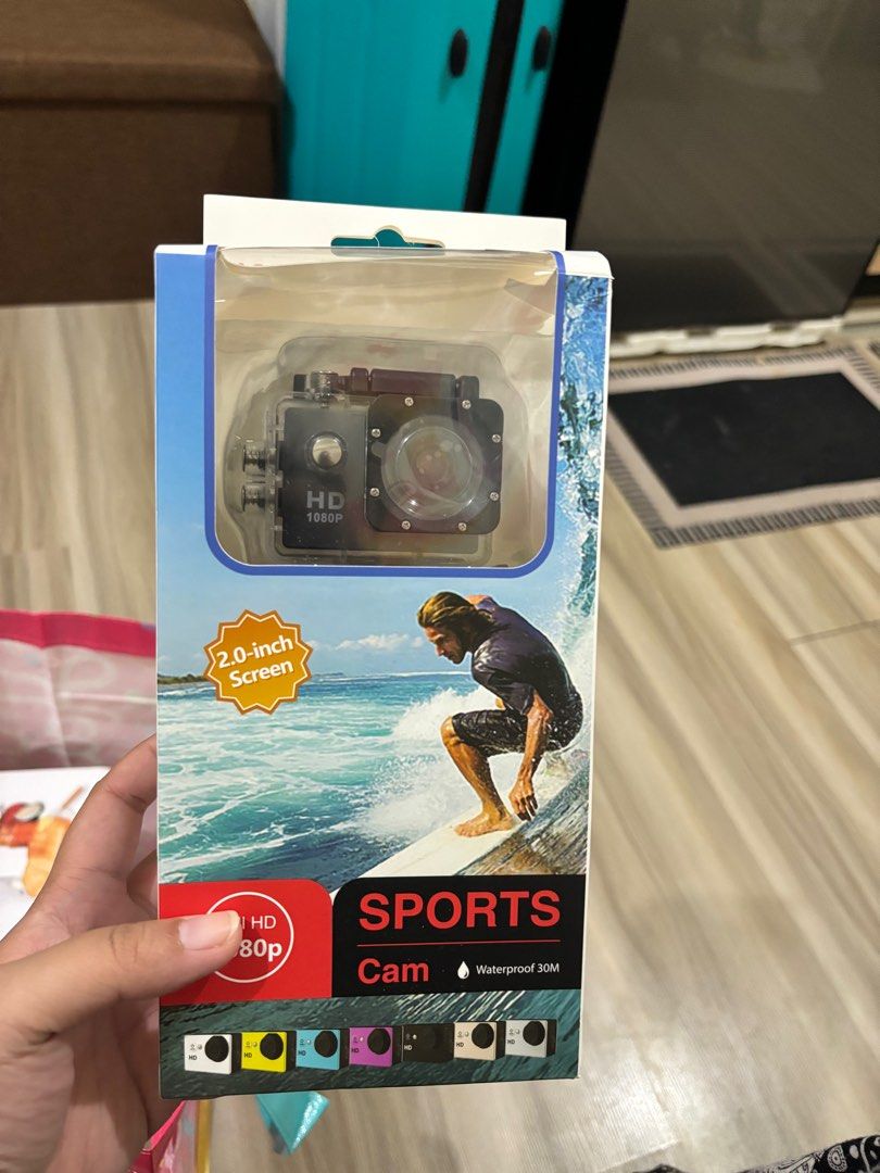 Sports Camera 1080 (Category: Video Cameras) located in Manila. Submitted by minimizingcloset (Listing ID 1388652410, Image 1). Description: 1080p Waterproof camera 2 Inches Screen Video 1920*1080 pixel 15 fps 1280*720 pixel 30fps Wide Angle Lens: 140 degree Waterproof up to 30M 900 mAh Battery (1.5 hours) Micro SD card Storage (Not Included).
