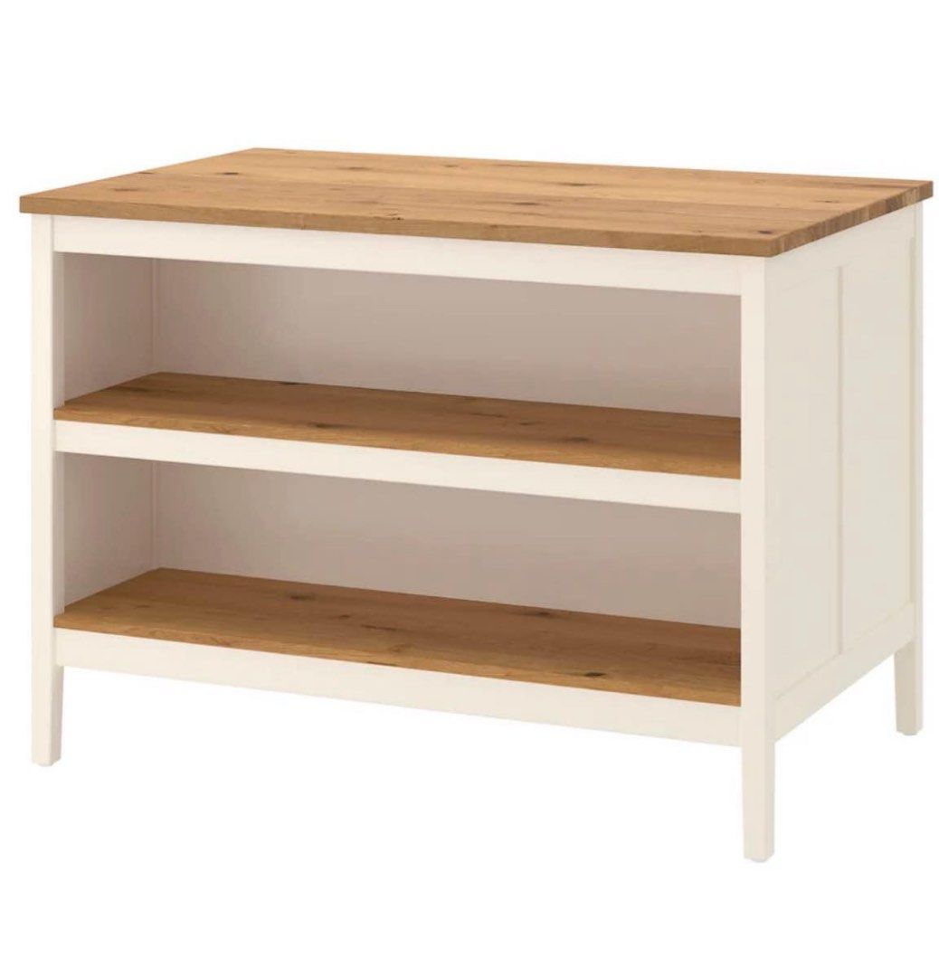 Tornviken Kitchen Island in white/oak with 2 customized barstools (Category: Other Kitchen Appliances) located in Quezon City. Submitted by henhaven (Listing ID 1388662918, Image 2). Description: Tornviken Kitchen Island in white/oak with 2 customized barstools 2 deep open shelves. Original price (kitchen island): P 24,990.00 Height: 90cm/ 35 3/8 in Length: 126 cm/ 49 5/8 in Width: 77cm/30 3/8 in .