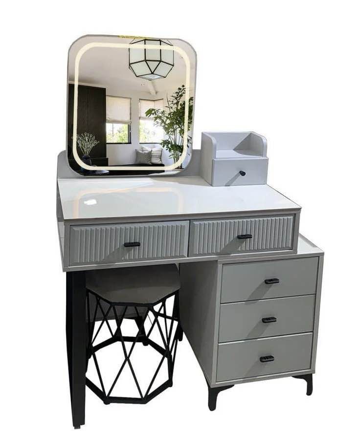 Val Vanity mirror Glossy Ceramic Top Dressing (Category: Mirrors) located in Manila. Submitted by dolorchris69891 (Listing ID 1388609538, Image 2). Description: Glossy Ceramic Top Dressing Table free assemble Offwhite / Black Gray Stool Light Gray / Black Gray Stool Light Gray / White Gold Stool Dimension (cm): Table: approx 110 L x 80 W x 136 H c, Chair: appox 35 L x 45 H Spray Paint Body Glossy Ceramic Top LED Light Powder Coated Metal.
