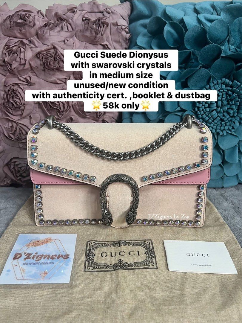 Authentic Gucci Dionysus Suede with Swarovski (Category: Luxury Bags & Wallets) located in Quezon City. Submitted by DZignersbyZsa (Listing ID 1388892161, Image 1). Description: Authentic Gucci Medium Dionysus Suede with Swarovski crystals clean in and out with dustbag, booklet & authenticity certificate .