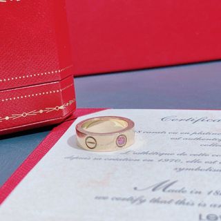 cartier/卡地亞love系列玫瑰金寬版粉鑽戒指，配件證書盒子 尺寸47號，18K玫瑰金材質，鑲嵌1顆粉寶石64232720268034110