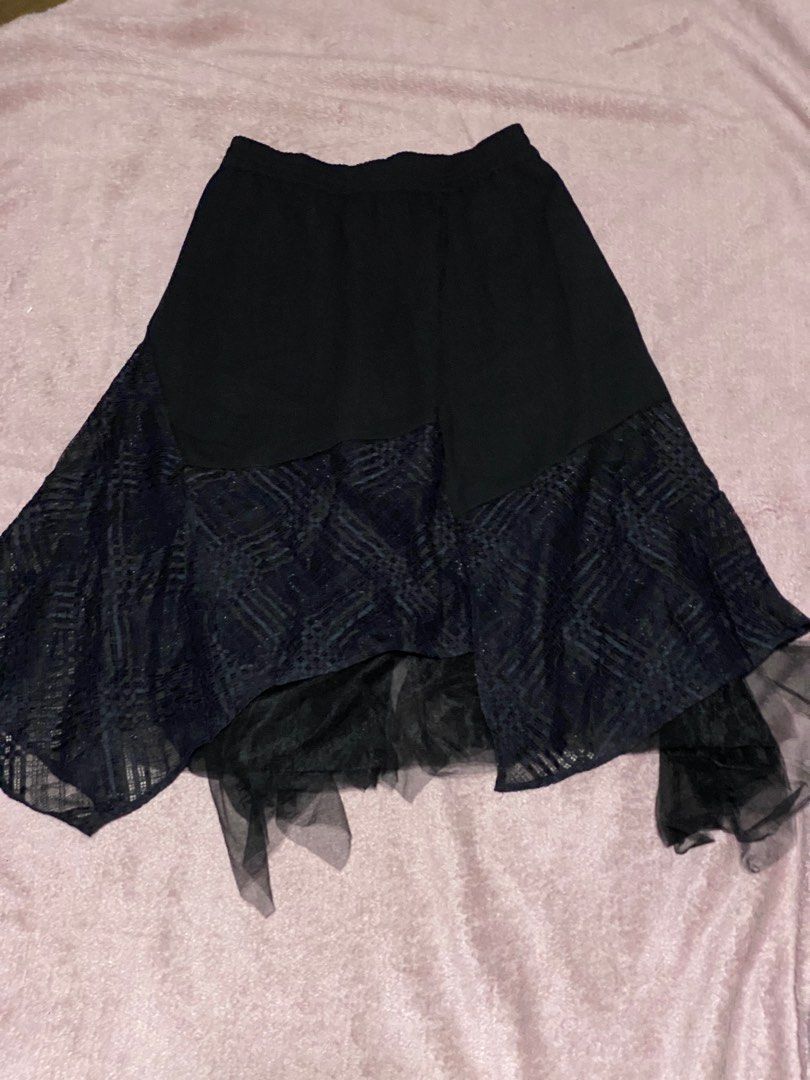 Initial Lace Asymmetric Skirt (Category: Skirts) located in Muntinlupa City. Submitted by shalens.preloved (Listing ID 1388827202, Image 1). Description: Waistline - 26inch to 32inch Length - 30inch.